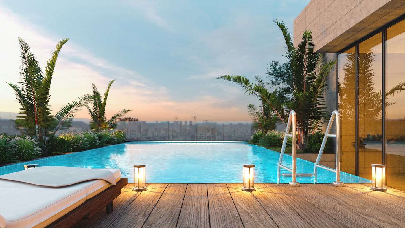 Rooftop terrace at dusk