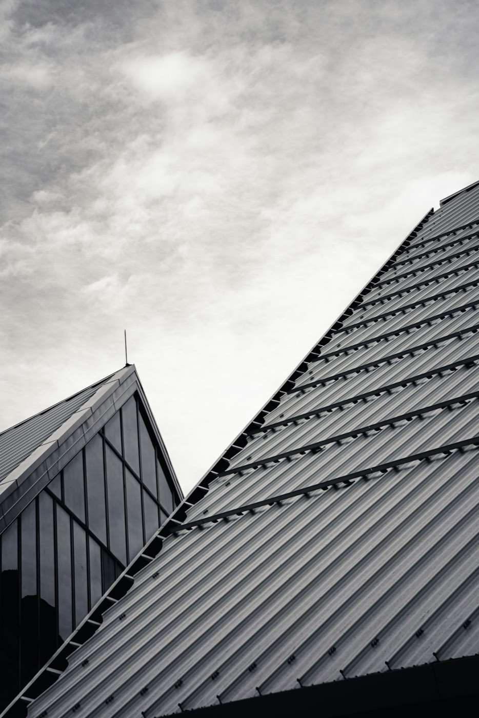 Standing-seam metal roof seen from below